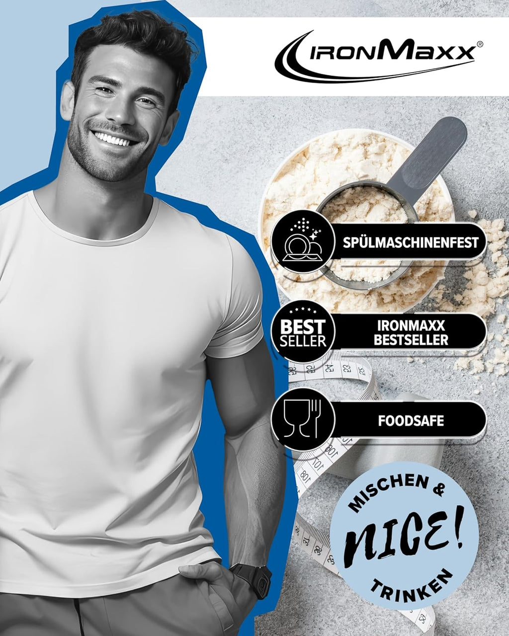 Ironmaxx Eiweiß Shaker - 700Ml Schwarz | Protein Shaker Spülmaschinenfest Und Auslaufsicher, Mit Drehverschluss, Sieb & Mess-Skala, Frei Von BPA & DEHP