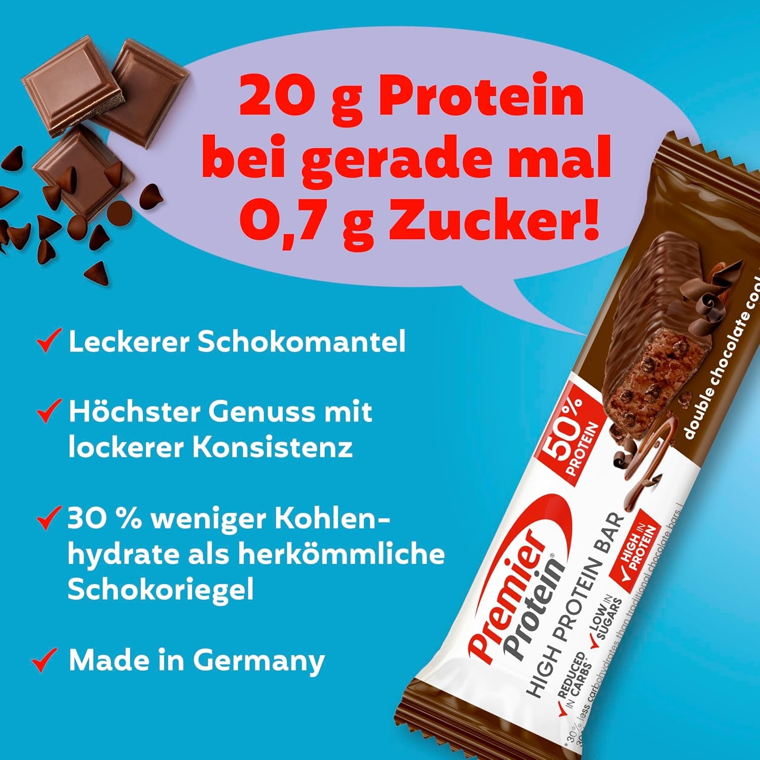 Premier Protein - High Protein Bar 50% - Double Chocolate Cookie - 16X40G - Low Sugar - Low Carb - Palmölfrei