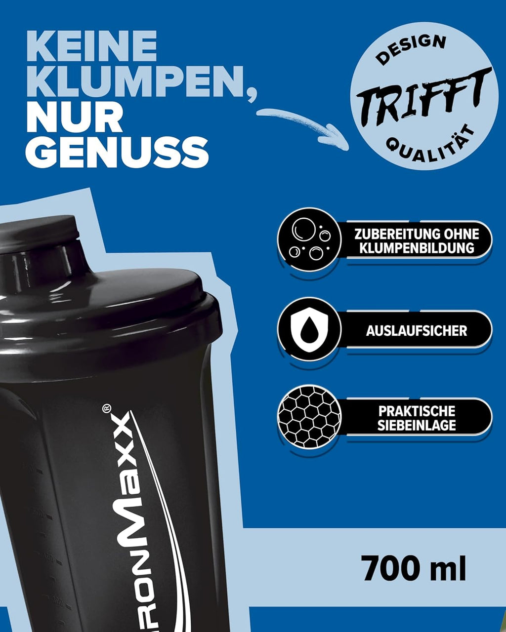 Ironmaxx Eiweiß Shaker - 700Ml Schwarz | Protein Shaker Spülmaschinenfest Und Auslaufsicher, Mit Drehverschluss, Sieb & Mess-Skala, Frei Von BPA & DEHP
