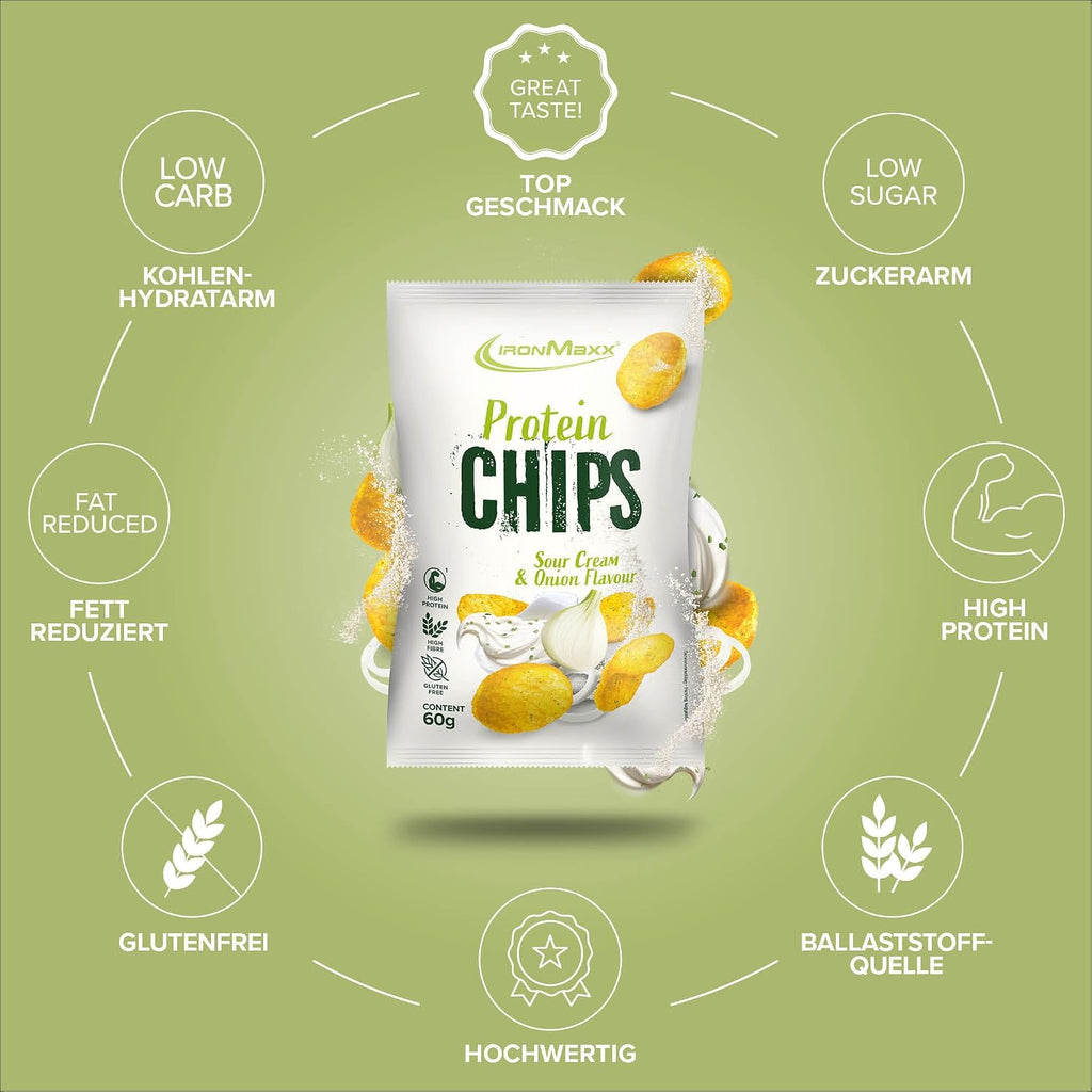 Ironmaxx High Protein Chips – Sour Cream & Onion 60G | Low Carb, Glutenfrei & Zuckerarm | Knuspriger Eiweiß-Snack