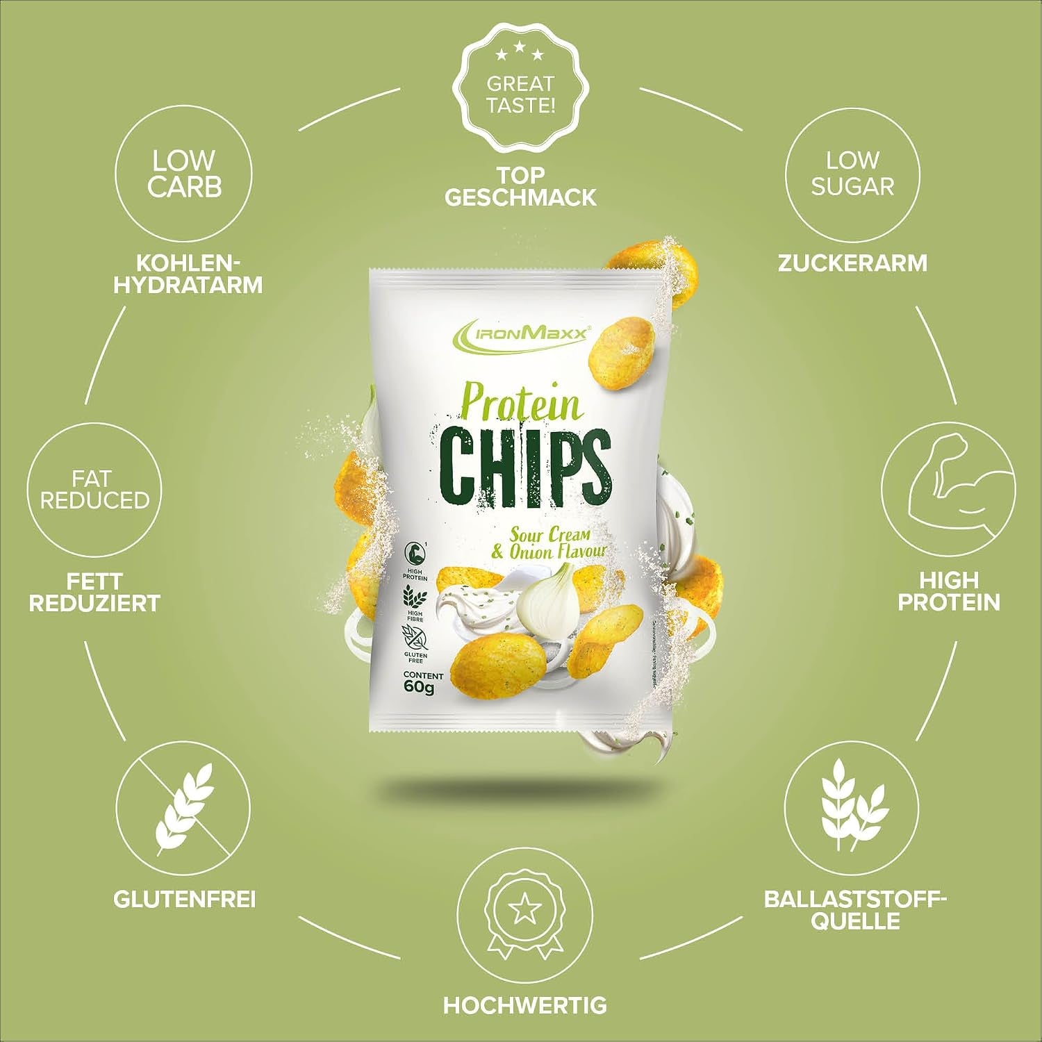 Ironmaxx High Protein Chips – Sour Cream & Onion 60G | Low Carb, Glutenfrei & Zuckerarm | Knuspriger Eiweiß-Snack