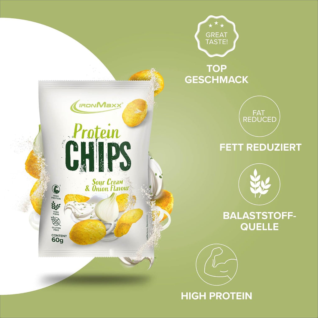 Ironmaxx High Protein Chips – Sour Cream & Onion 60G | Low Carb, Glutenfrei & Zuckerarm | Knuspriger Eiweiß-Snack