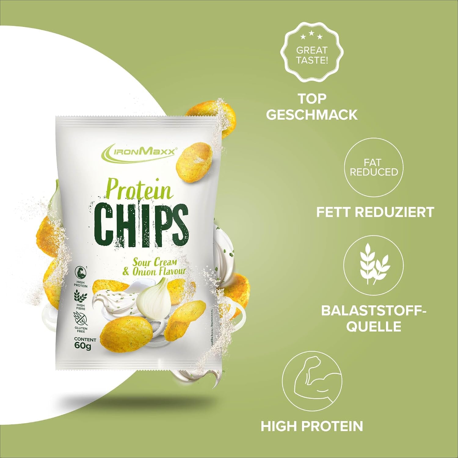 Ironmaxx High Protein Chips – Sour Cream & Onion 60G | Low Carb, Glutenfrei & Zuckerarm | Knuspriger Eiweiß-Snack