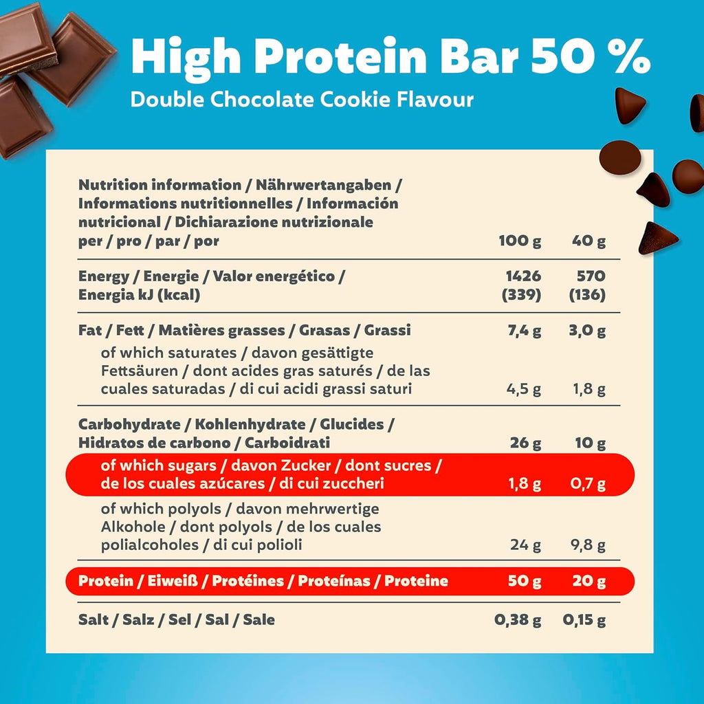 Premier Protein - High Protein Bar 50% - Double Chocolate Cookie - 16X40G - Low Sugar - Low Carb - Palmölfrei