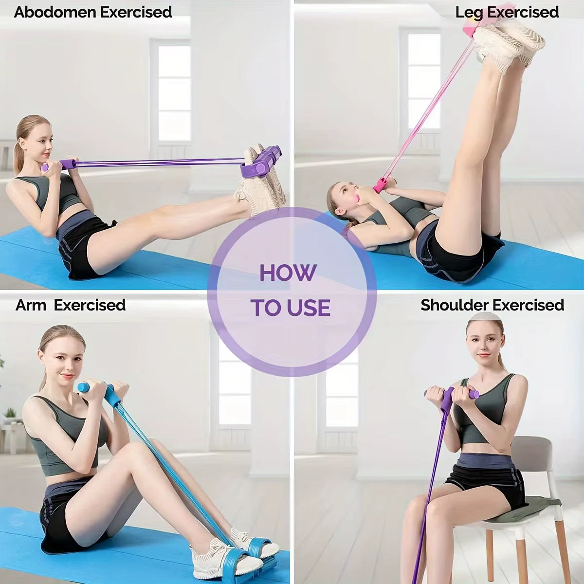 Multi-Functional Four-Tube Pedal Tensioner Yoga Elastic Band Home Fitness Equipment Abdominal Strengthening Tension Rope