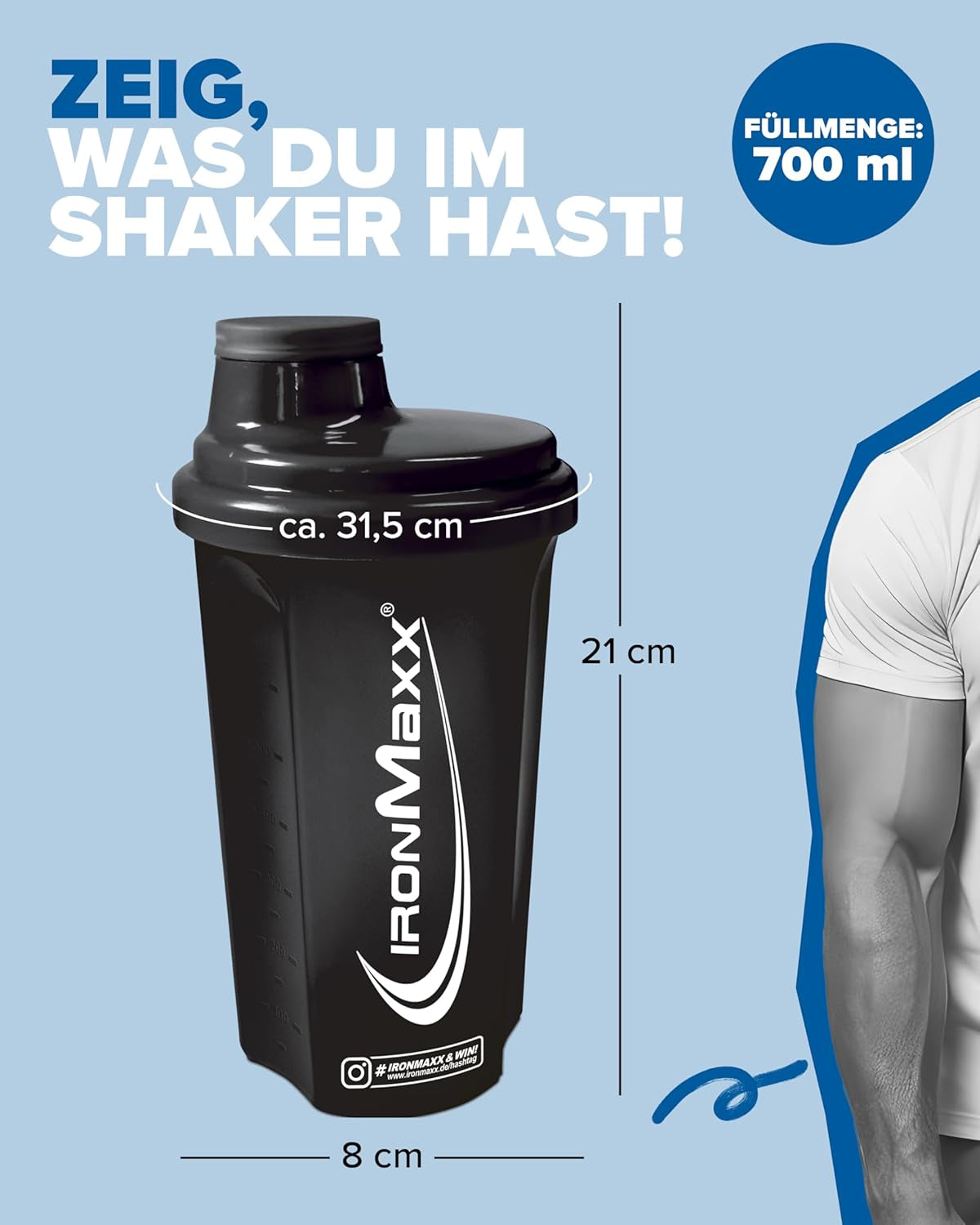 Ironmaxx Eiweiß Shaker - 700Ml Schwarz | Protein Shaker Spülmaschinenfest Und Auslaufsicher, Mit Drehverschluss, Sieb & Mess-Skala, Frei Von BPA & DEHP