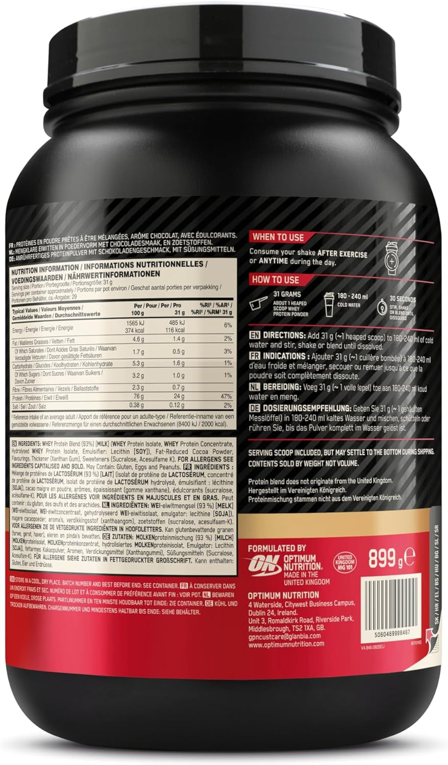 Optimum Nutrition Gold Standard 100% Whey, Proteinpulver, Geschmack Double Rich Chocolate, 899G, 29 Portionen, Verpackung Kann Variieren