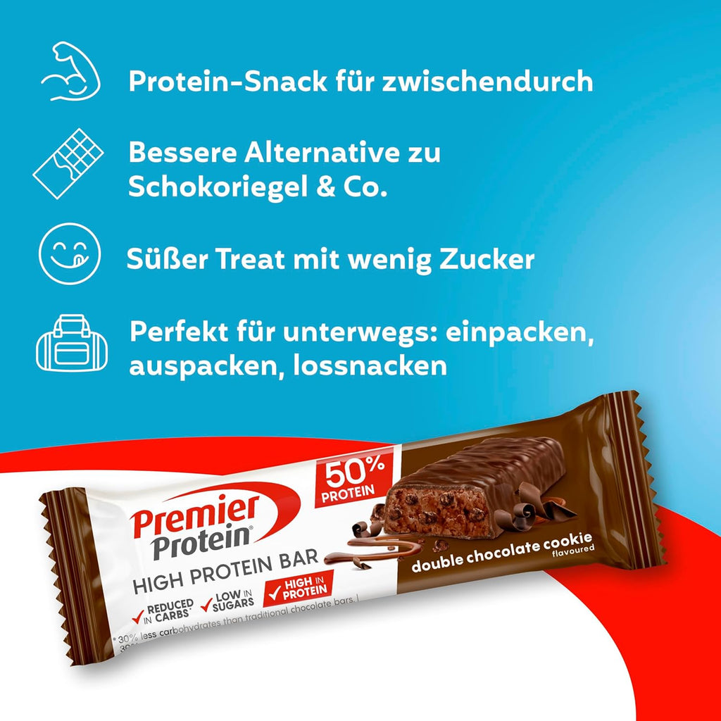 Premier Protein - High Protein Bar 50% - Double Chocolate Cookie - 16X40G - Low Sugar - Low Carb - Palmölfrei