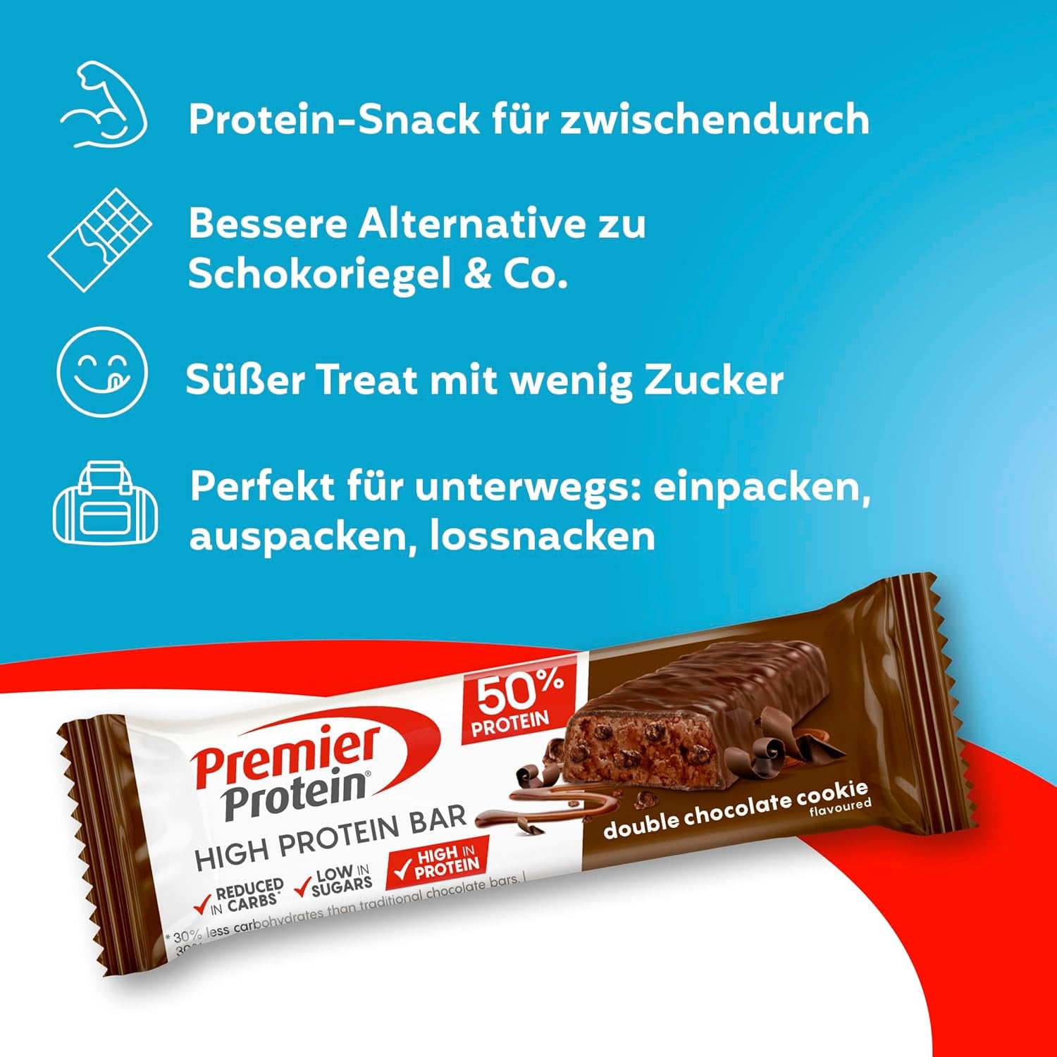 Premier Protein - High Protein Bar 50% - Double Chocolate Cookie - 16X40G - Low Sugar - Low Carb - Palmölfrei